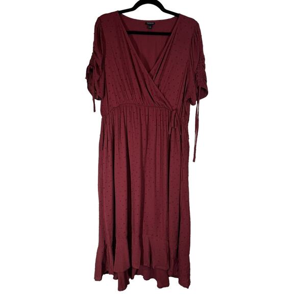 Torrid Midi Swiss Linen Surplice Dress Faux Wrap Burgundy 0 / Large / 12 - Picture 4 of 10